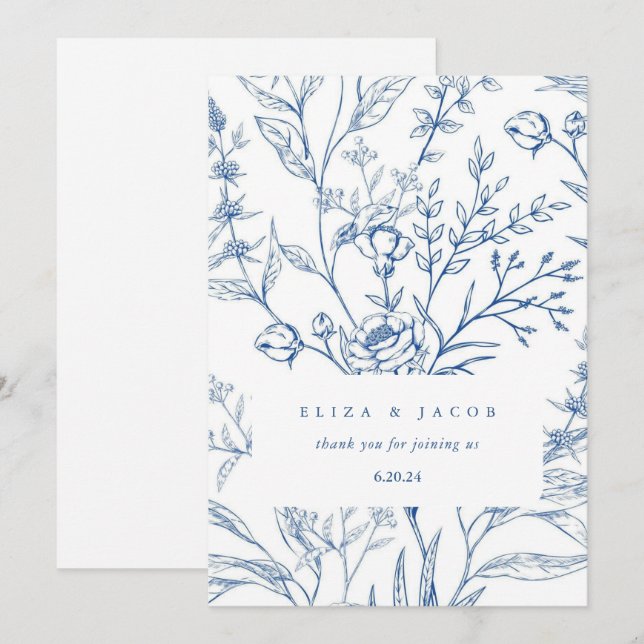 Elegant blå och vit kineseri blomsterbröllop tack kort (Fram/baksida)