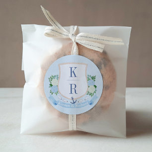 Elegant blå och vit kustmonogrambröllop runt klistermärke