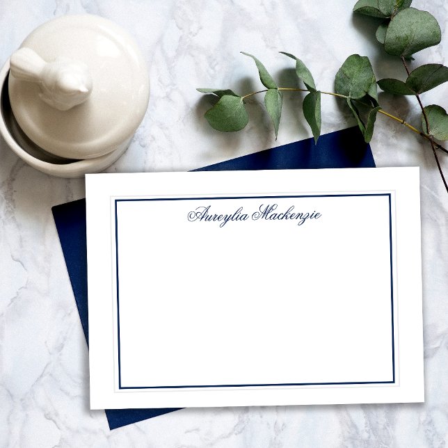 Elegant Blå och vit Personlig Anteckningskort (Elegant Navy Blue and White Personalized Note Cards)