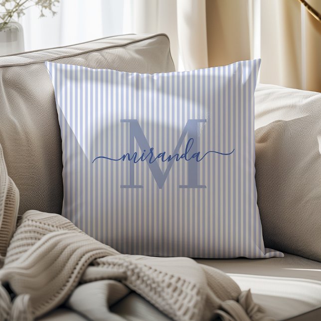 Elegant blå och vit randig monogramnamn kudde (Skapare uppladdad)