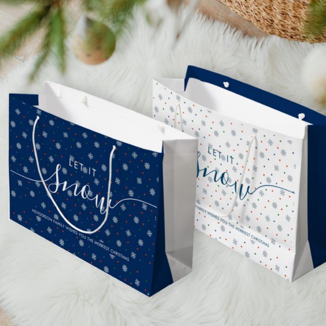 Elegant blå och vit snöflingor anpassningsbar (Elegant white and blue gift bag with snowflakes and polka dots with personalized Christmas wishes)
