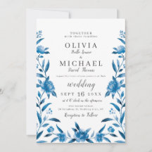 Elegant blå och vit vattenfärg blommigt bröllop