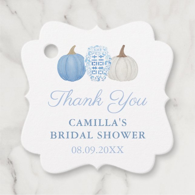 Elegant blå och vita pumpor höst bröllopsdusch gåvor etiketter (Framsida)