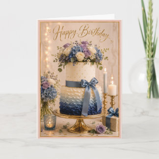 Elegant blå ombré blomfödelselsedagstårta kort