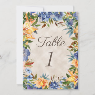 Elegant blå orange blommande bröllopsbord