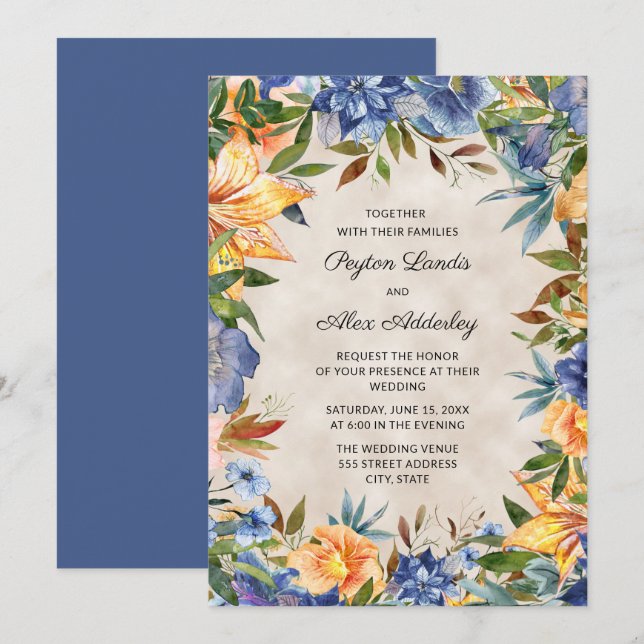 Elegant Blå Orange Vattenfärg Blommig Bröllop  Inbjudningar (Fram/baksida)