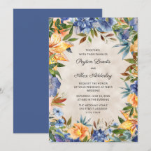 Elegant Blå Orange Vattenfärg Blommig Bröllop 