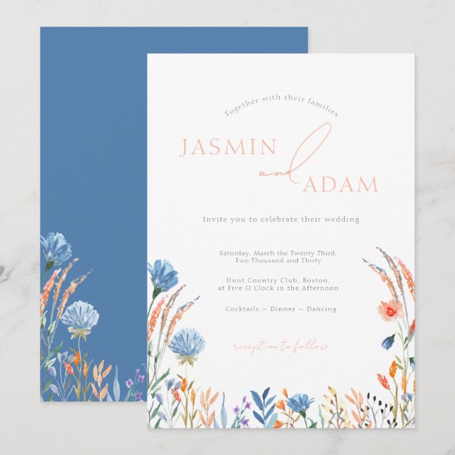 Elegant blå orange vildblomma monogram bröllop inbjudningar (Fram/baksida)
