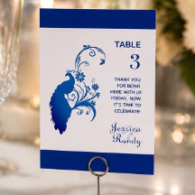 Elegant blå påfågel bröllopsbordskort