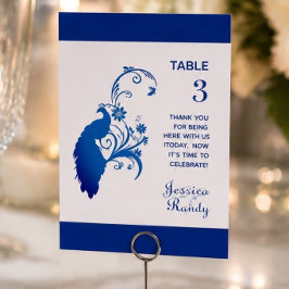 Elegant blå påfågel bröllopsbordskort bordsnummer