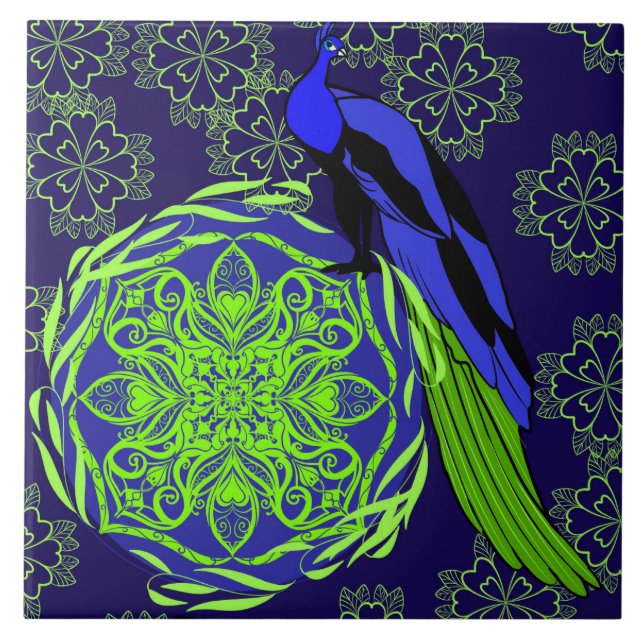 Elegant blå påfågel med grön mandala kakelplatta (Framsidan)