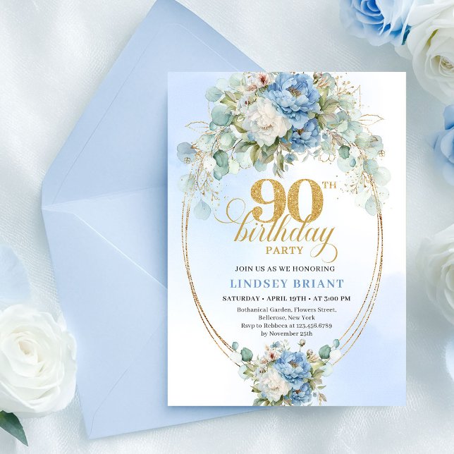 Elegant blå påsklilja guld 90-års inbjudan (Elegant Blue Peonies 90th Birthday Invitation Gold)