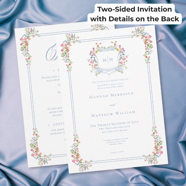 Elegant Blå Pastell Blomma Krönika Bröllop Tvåsidi Inbjudningar (Elegant Blue Pastel Flower Crest Wedding Two Sided Invitation)