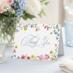 Elegant blå pastell vildblomma krans bröllopsdusch tack kort