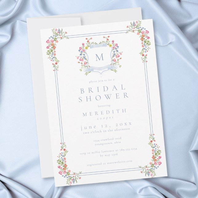 Elegant blå pastell vildblomma krön bröllopsdusch inbjudningar (Elegant Blue Pastel Wildflower Crest Bridal Shower Invitation)