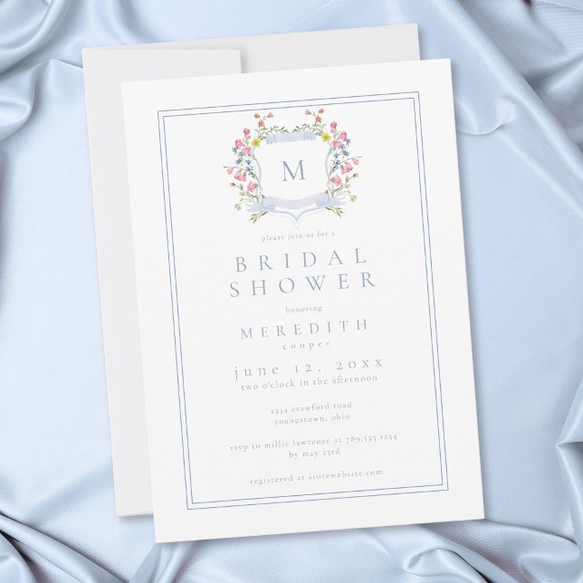 Elegant blå pastell vildblomma krön bröllopsdusch inbjudningar (Elegant Blue Pastel Wildflower Crest Bridal Shower Invitation)