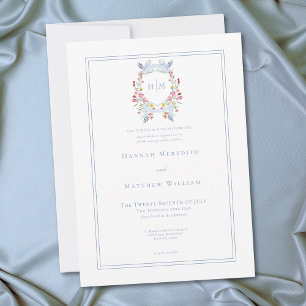 Elegant blå pastell vildblomma regal crest bröllop inbjudningar
