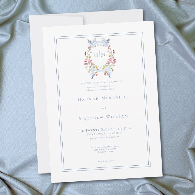 Elegant blå pastell vildblomma regal crest bröllop inbjudningar (Elegant Blue Pastel Wildflower Regal Crest Wedding Invitation)