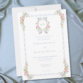Elegant blå pastell vildblomma regal crest bröllop inbjudningar