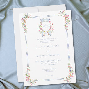Elegant blå pastell vildblomma regal crest bröllop inbjudningar
