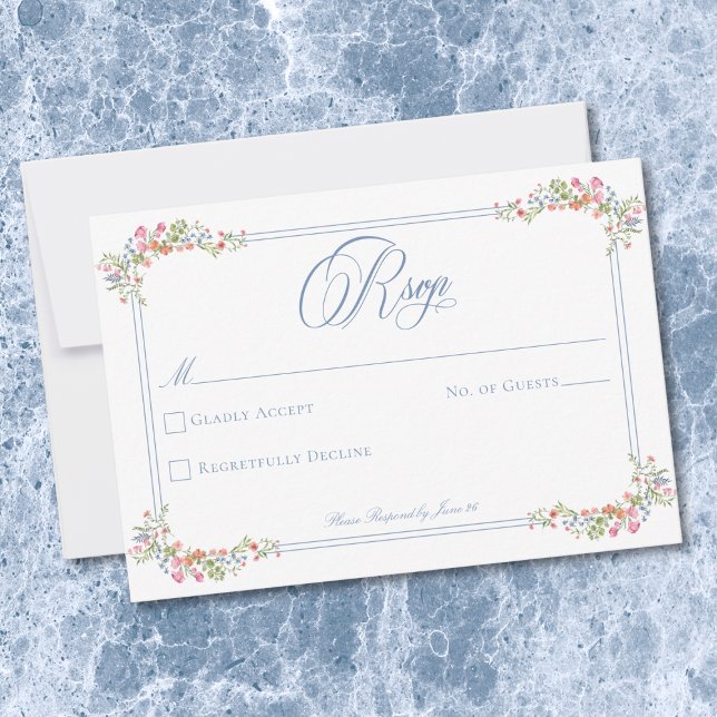 Elegant blå pastell vildblommig gräns bröllop OSA kort (Elegant Blue Pastel Wildflower Border Wedding RSVP Card)