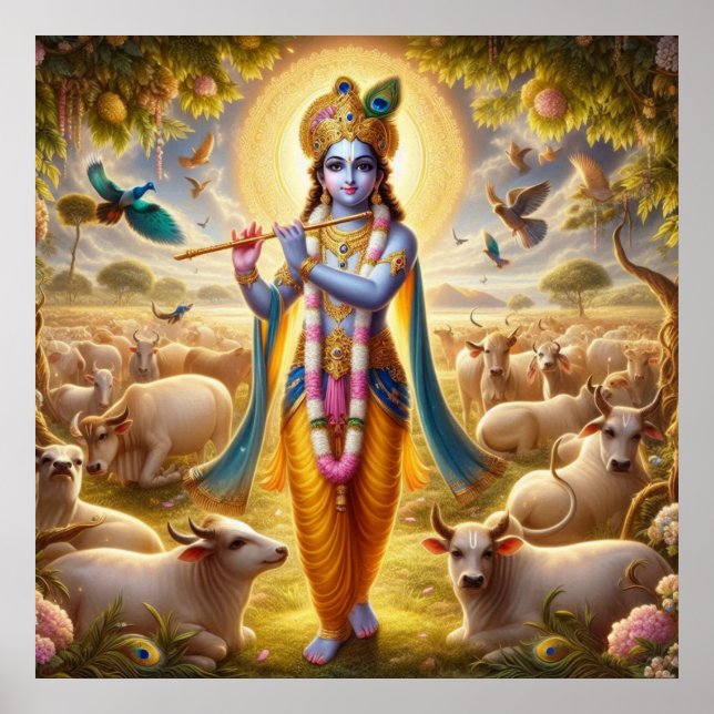 Elegant blå pastoral Gopala Krishna konstdesign Poster (Framsidan)