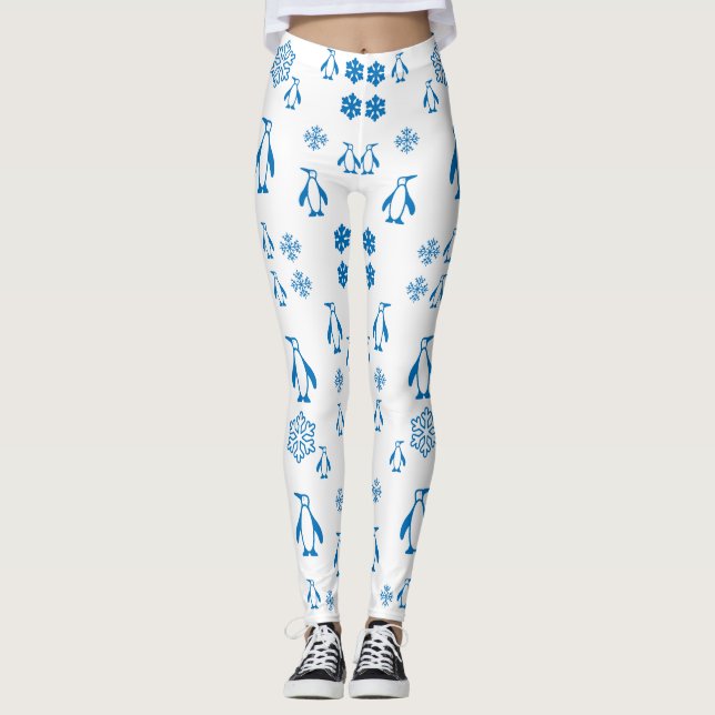 Elegant blå penguiner med Snöflingor Mönster Leggings (Framsida)