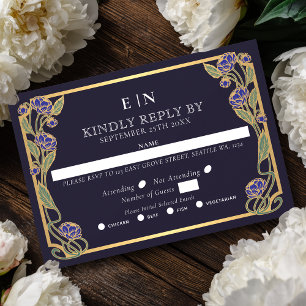 Elegant blå peon Art Nouveau blommande bröllop OSA Kort