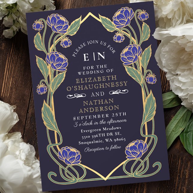 Elegant blå peon Art Nouveau blomsterbröllop Inbjudningar (Skapare uppladdad)