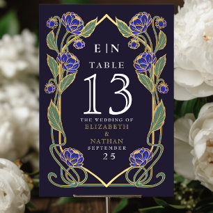 Elegant blå peon Art Nouveau floral bryllup Bordsnummer