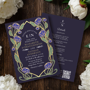Elegant blå peony Art Nouveau QR-kod bröllop Inbjudningar