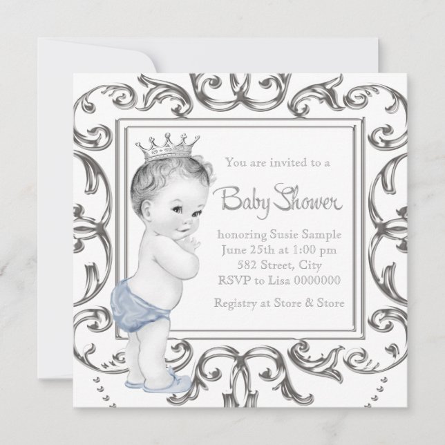 Elegant blå prins baby shower inbjudningar (Framsida)