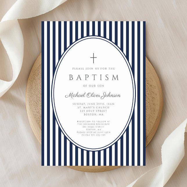 Elegant blå-randig dopinbjudan för pojkar inbjudningar (Elegant Navy Blue Stripes Boy Baptism Invitation)