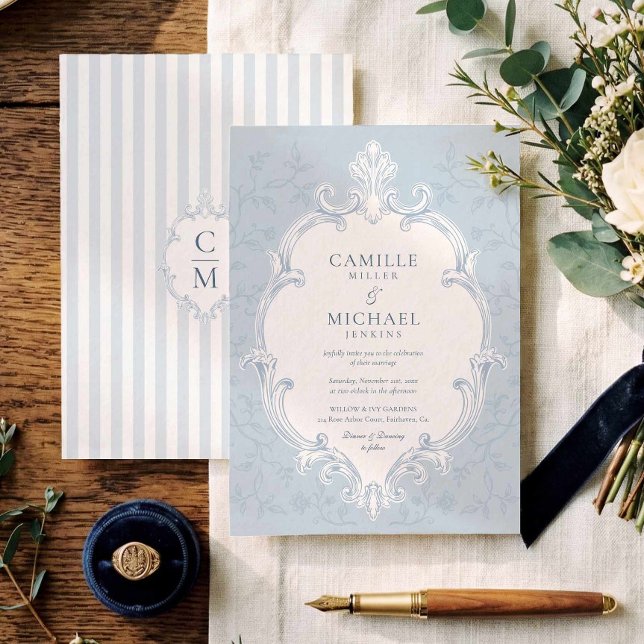 Elegant blå randig vapen Bröllopsinbjudan Inbjudningar (Elegant Crest Toile Wedding Invitation)