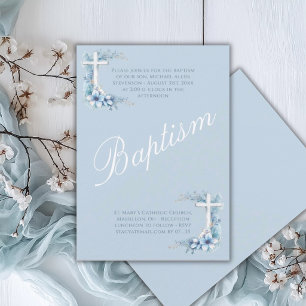 Elegant blå religiös dop pojke dop inbjudningar