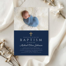 Elegant blå religiös kors pojke dop foto