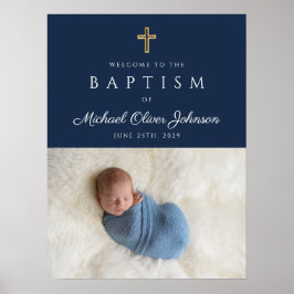 Elegant blå religiös kors pojke dop välkommen poster