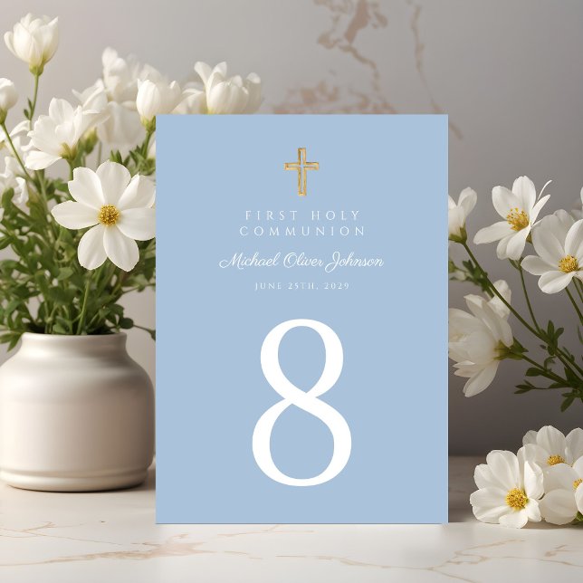 Elegant blå religiös kors pojke första kommunion bordsnummer (Elegant Blue Religious Cross Boy First Communion Table Number)