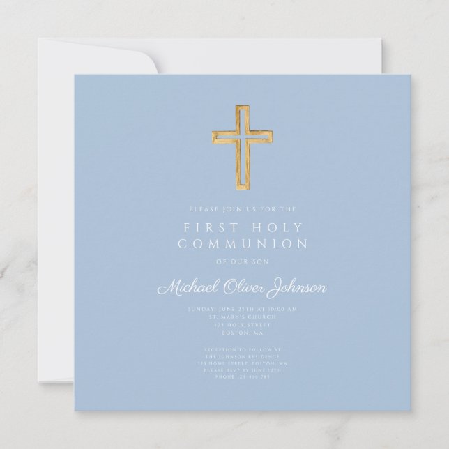 Elegant blå religiös kors pojke första kommunion inbjudningar (Framsida)