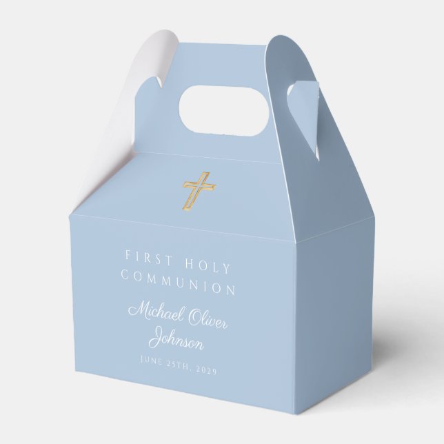 Elegant blå religiös kors pojke första kommunion presentaskar (Framsidan Sidan)