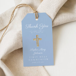 Elegant blå religiös kors pojke första kommunion presentetikett