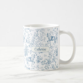 Elegant Blå Ridsportslig Blommig Toile Namn Kaffemugg