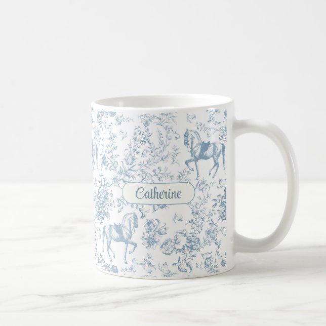 Elegant Blå Ridsportslig Blommig Toile Namn Kaffemugg (Höger)