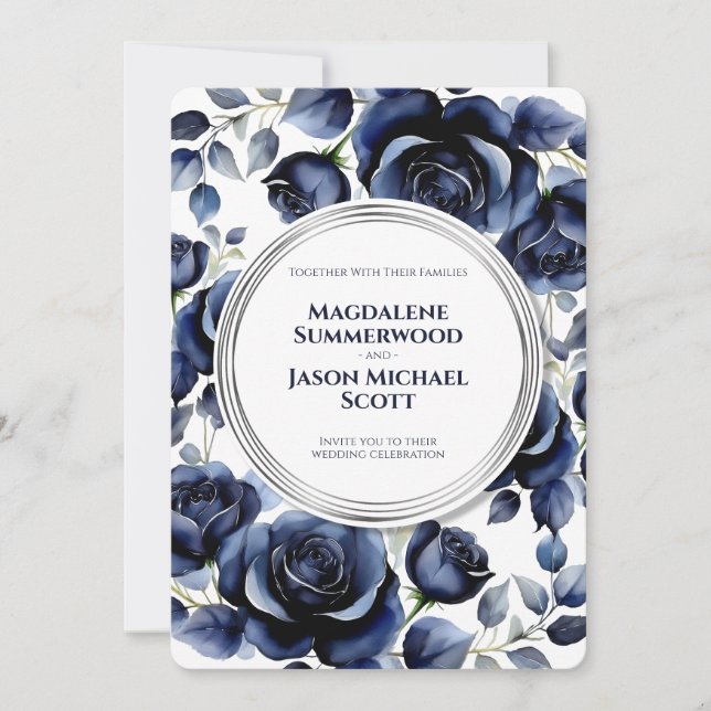Elegant Blå Ro Blommigt och Silver White Inbjudningar (Framsida)