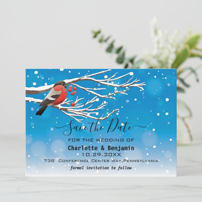 Elegant blå & röd fågel snö Save The Date  Spara Datumet (Stående Fram)