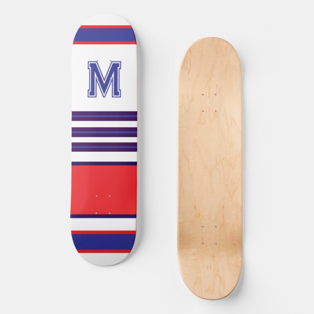 Elegant blå röd vit randig monogram skateboard (Framsida)