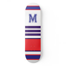 Elegant blå röd vit randig monogram skateboard