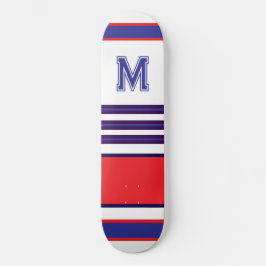 Elegant blå röd vit randig monogram skateboard