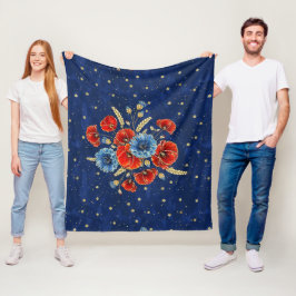 Elegant Blå, Röda och Guld ihågkommande poppies Fleecefilt