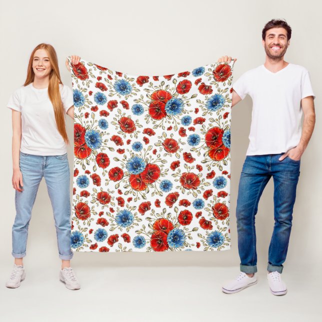 Elegant Blå, Röda och Guld ihågkommande poppies Fleecefilt (På plats)